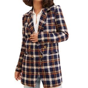 Favorite Daughter The First Wife Blazer Women’s M Plaid Tweed Blue Orange Preppy